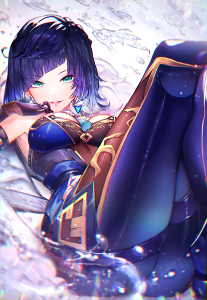 Anime picture 800x1158 with genshin impact yelan (genshin impact) l2 5343 single tall image looking at viewer fringe short hair breasts open mouth light erotic green eyes blue hair cleavage girl gloves earrings black gloves water bodysuit