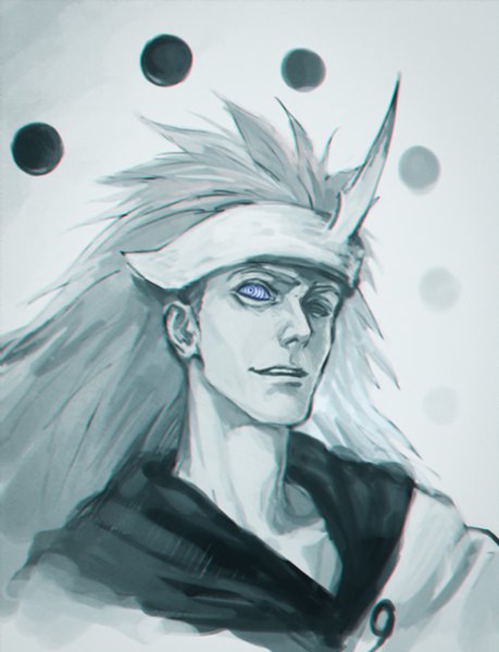 Anime picture 800x1044 with naruto studio pierrot naruto (series) uchiha madara single long hair tall image looking at viewer smile one eye closed horn (horns) grey hair portrait rinnegan god boy forehead protector sphere