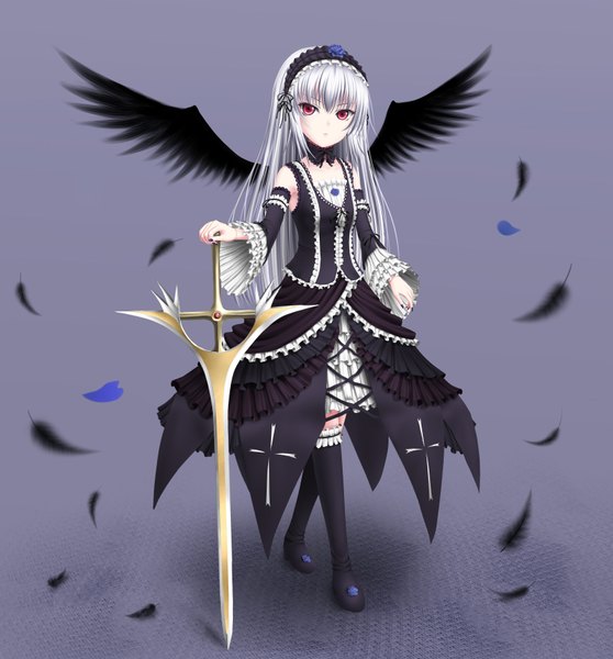 Anime picture 1600x1720 with rozen maiden suigintou noron (artist) long hair tall image simple background red eyes bare shoulders silver hair lolita fashion girl dress weapon detached sleeves sword wings hairband feather (feathers) bonnet
