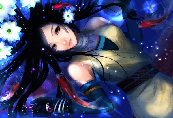 Anime picture 2952x2031 with swords of legends (game) object spring single long hair highres black hair bare shoulders lips black eyes girl gloves flower (flowers) detached sleeves water jewelry fish (fishes)