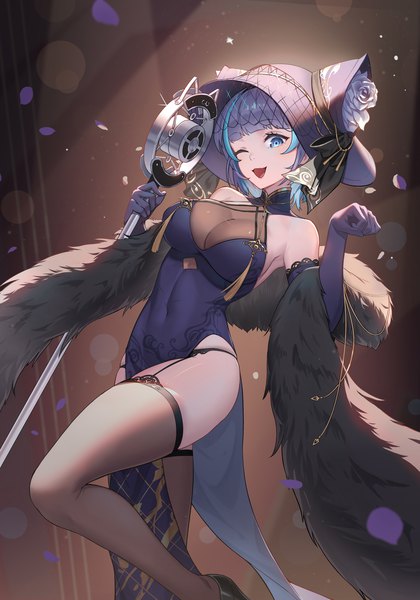 Anime picture 2100x3000 with azur lane cheshire (azur lane) cheshire (cait sith crooner) (azur lane) yun (user367624) single tall image looking at viewer blush fringe highres short hair breasts open mouth blue eyes light erotic black hair smile large breasts standing bare shoulders