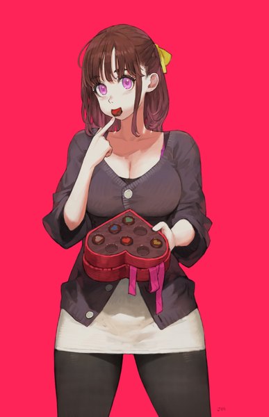 Anime picture 1322x2047 with original jun (seojh1029) single long hair tall image looking at viewer breasts simple background brown hair large breasts holding signed pink eyes mouth hold eating half updo red background valentine food in mouth girl