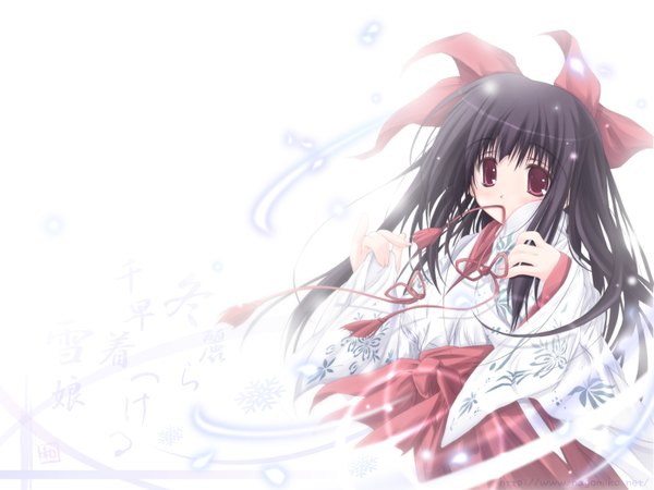 Anime picture 1600x1200 with original nagomi single long hair black hair red eyes white background traditional clothes japanese clothes wallpaper miko girl bow hair bow chihaya (clothing)