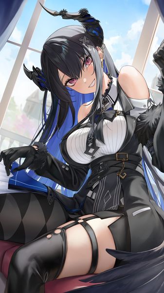 Anime picture 2880x5120 with virtual youtuber hololive hololive english nerissa ravencroft nerissa ravencroft (1st costume) aoi 13 single long hair tall image looking at viewer blush fringe highres breasts black hair smile hair between eyes large breasts sitting bare shoulders