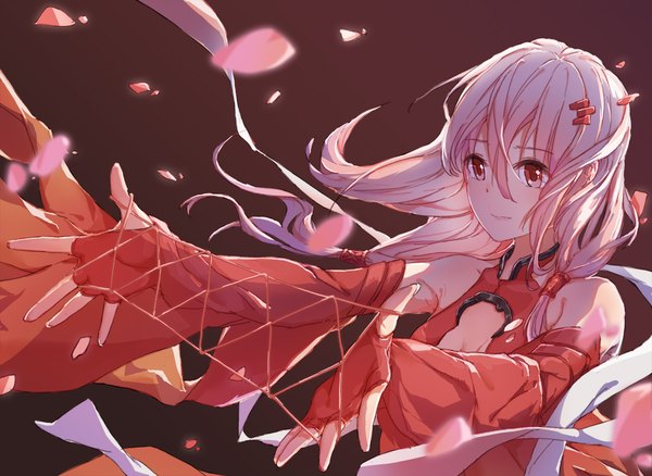 Anime picture 1000x731 with guilty crown production i.g yuzuriha inori catin single long hair fringe breasts simple background hair between eyes red eyes twintails bare shoulders looking away pink hair low twintails outstretched arm center opening brown background messy hair
