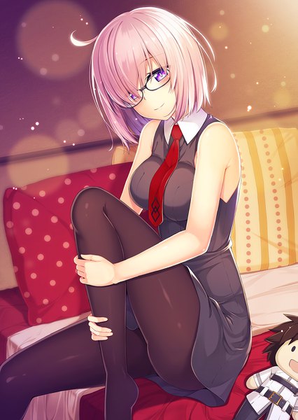 Anime picture 923x1300 with fate (series) fate/grand order mash kyrielight benitsuki tsubasa single tall image looking at viewer fringe short hair light erotic purple eyes pink hair hair over one eye girl pantyhose glasses necktie black pantyhose bed
