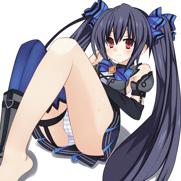Anime picture 3444x3444 with choujigen game neptune kami jigen game neptune v noire meimu (infinity) single long hair blush highres light erotic black hair simple background red eyes white background twintails bare shoulders absurdres pantyshot legs pantyshot sitting girl