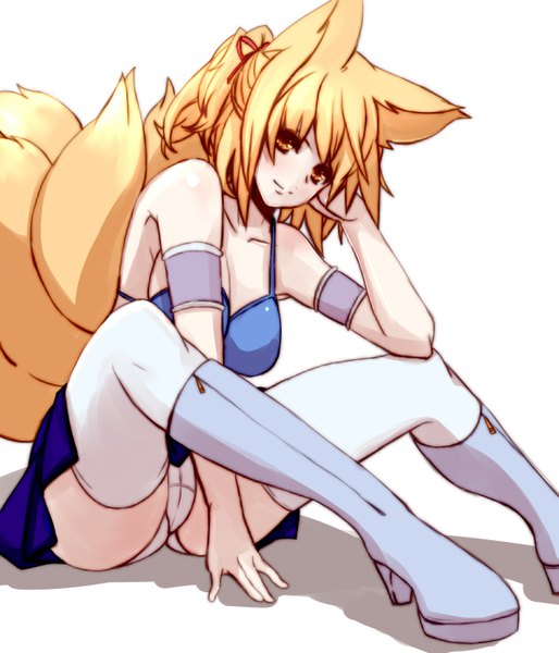 Anime picture 1200x1400 with touhou yakumo ran dearmybrothers tall image fringe short hair breasts light erotic simple background blonde hair white background sitting bare shoulders animal ears tail animal tail light smile shadow orange eyes fox ears