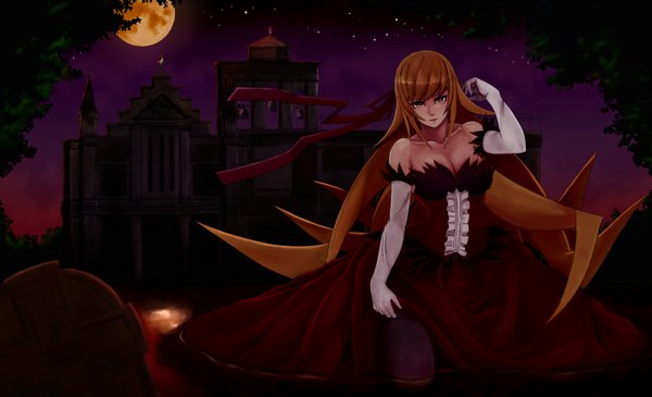 Anime picture 1394x850 with bakemonogatari kizumonogatari shaft (studio) monogatari (series) kissshot acerolaorion heartunderblade single long hair blonde hair wide image bare shoulders yellow eyes night night sky girl dress gloves elbow gloves moon star (stars) full moon