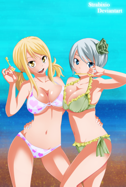 Anime picture 1042x1542 with fairy tail lucy heartfilia yukino aguria strabixio long hair tall image short hair breasts open mouth blue eyes light erotic blonde hair smile twintails multiple girls yellow eyes sky nail polish hair flower grey hair
