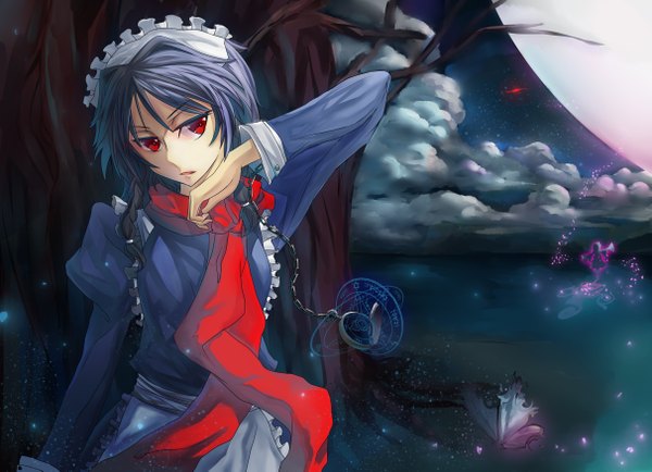 Anime picture 4842x3507 with touhou izayoi sakuya tsubasa19900920 single highres short hair red eyes absurdres grey hair maid girl headdress scarf maid headdress insect butterfly moon clock pocket watch
