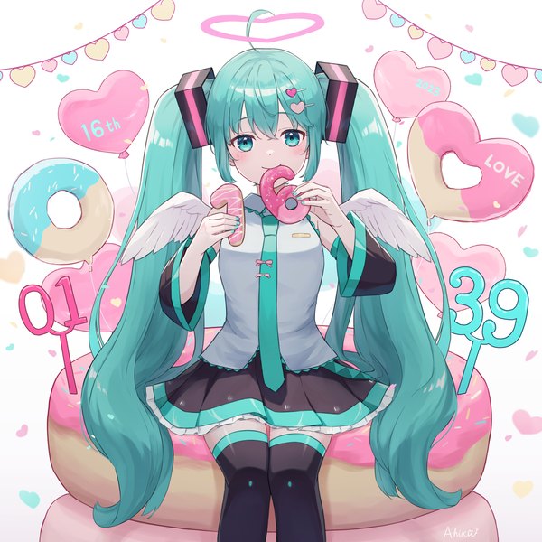 Anime picture 2500x2500 with vocaloid hatsune miku ashika (yftcc948) single looking at viewer fringe highres smile hair between eyes sitting twintails ahoge very long hair aqua eyes aqua hair white wings 2023 39 girl thighhighs