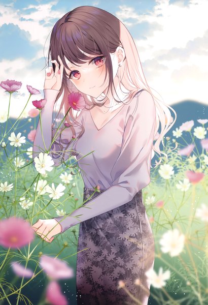Anime picture 2381x3483 with original myusha single long hair tall image looking at viewer blush fringe highres brown hair standing signed sky cloud (clouds) outdoors blunt bangs long sleeves nail polish head tilt pink eyes
