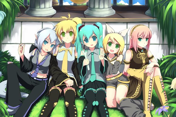 Anime picture 3401x2267 with vocaloid hatsune miku megurine luka kagamine rin yowane haku akita neru senba hikari (artist) long hair highres short hair open mouth blue eyes blonde hair smile twintails multiple girls green eyes pink hair absurdres ahoge