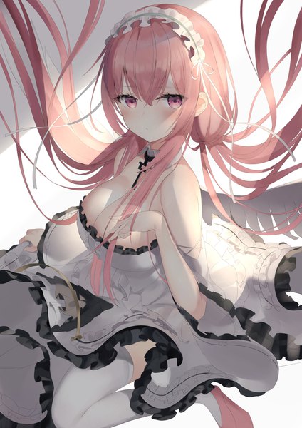 Anime picture 2896x4096 with azur lane perseus (azur lane) zukan (db tyoutyo) single long hair tall image looking at viewer blush fringe highres breasts light erotic simple background hair between eyes large breasts sitting twintails payot pink hair cleavage