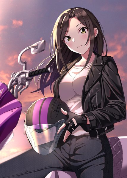 Anime picture 854x1200 with idolmaster idolmaster cinderella girls idolmaster cinderella girls starlight stage mukai takumi sutoroa single long hair tall image looking at viewer blush fringe breasts black hair standing holding yellow eyes sky cloud (clouds) outdoors long sleeves