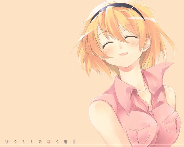 Anime picture 1280x1024 with higurashi no naku koro ni studio deen houjou satoko single blush fringe short hair breasts open mouth simple background blonde hair smile large breasts upper body eyes closed happy girl headband