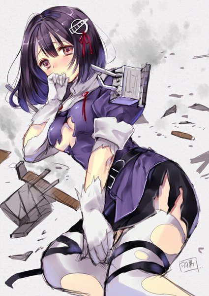Anime picture 600x847 with kantai collection haguro heavy cruiser hanekoto single tall image looking at viewer blush fringe short hair breasts light erotic black hair red eyes grey background torn clothes smoke reclining girl thighhighs gloves