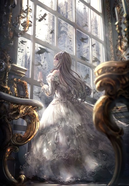 Anime picture 1283x1842 with original missle228 single long hair tall image standing purple eyes looking away silver hair full body indoors long sleeves profile sunlight from below shadow girl dress earrings animal