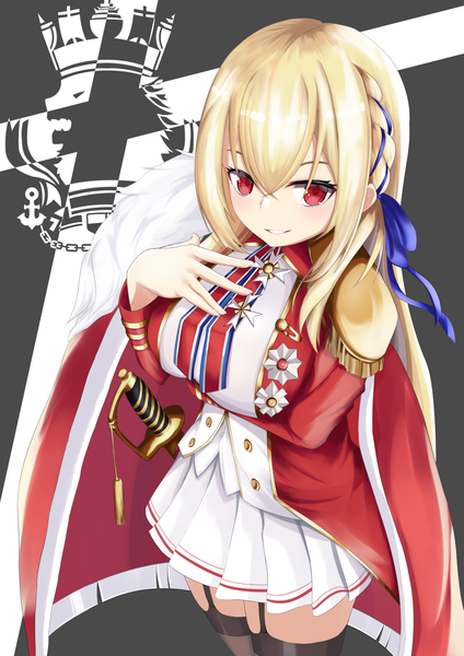 Anime picture 1000x1414 with azur lane king george v (azur lane) tachyon single long hair tall image blush fringe breasts light erotic simple background blonde hair smile hair between eyes red eyes large breasts standing payot braid (braids) pleated skirt