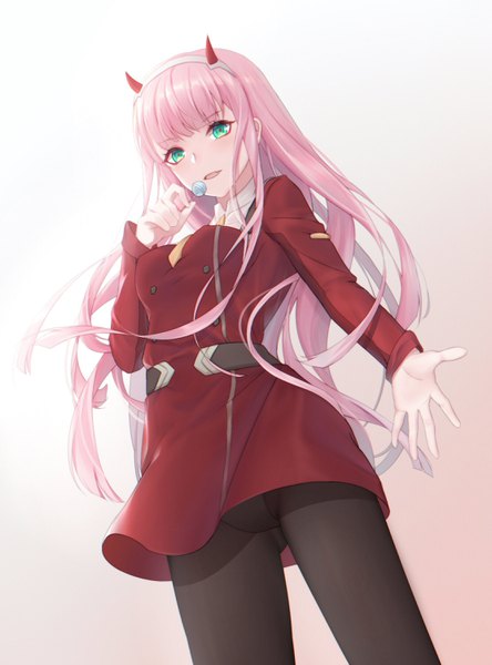 Anime picture 2224x3000 with darling in the franxx studio trigger zero two (darling in the franxx) ihsara10 single long hair tall image looking at viewer fringe highres light erotic simple background green eyes pink hair horn (horns) from below gradient background girl uniform pantyhose
