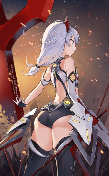 Anime picture 1117x1800 with honkai impact 3rd benghuai xueyuan honkai (series) theresa apocalypse aliceblue single long hair tall image blush fringe blue eyes light erotic hair between eyes standing bare shoulders holding signed looking away silver hair ahoge