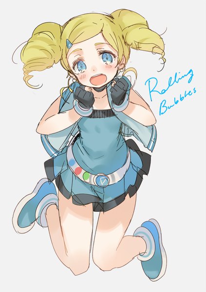 Anime picture 898x1274 with powerpuff girls z toei animation rolling bubbles goutokuji miyako kippu single tall image looking at viewer short hair open mouth blue eyes simple background blonde hair white background twintails bent knee (knees) character names happy girl dress