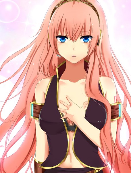 Anime picture 1180x1550 with vocaloid megurine luka nuko (mikupantu) single long hair tall image blue eyes light erotic bare shoulders pink hair open clothes hand on chest girl headphones microphone