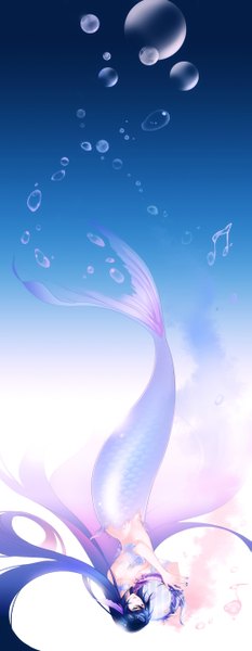 Anime picture 1038x2668 with original aile (crossroads) long hair tall image blue eyes blue hair nail polish underwater girl musical note mermaid