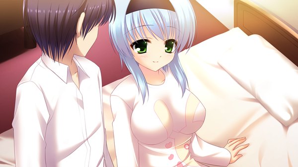 Anime picture 1024x576 with nekoguri (game) short hair black hair wide image green eyes blue hair game cg couple girl boy bed pajamas