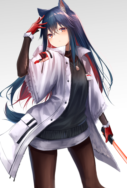 Anime picture 1122x1656 with arknights texas (arknights) kinome noi single long hair tall image looking at viewer blush fringe simple background hair between eyes standing holding animal ears payot blue hair red hair tail head tilt animal tail