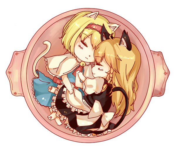Anime picture 1400x1200 with touhou kirisame marisa alice margatroid aili (aliceandoz) long hair short hair simple background blonde hair white background multiple girls animal ears tail lying braid (braids) eyes closed animal tail cat ears cat tail on side side braid