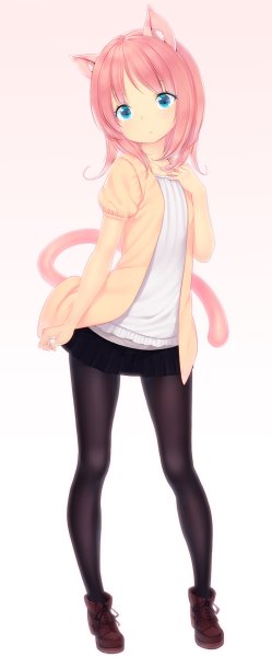 Anime picture 498x1200 with original zizi (zz22) single long hair tall image looking at viewer blue eyes simple background animal ears pink hair tail animal tail cat ears cat tail girl skirt miniskirt pantyhose shoes blouse