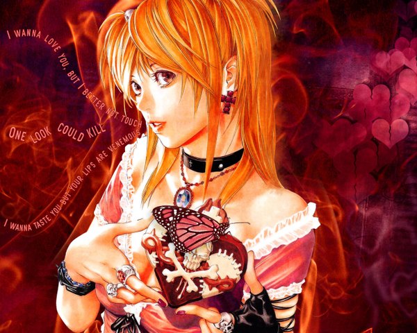 Anime picture 1280x1024 with death note madhouse amane misa long hair open mouth brown eyes cleavage orange hair bone (bones) skull and crossbones girl heart insect butterfly ring collar cross skull locket
