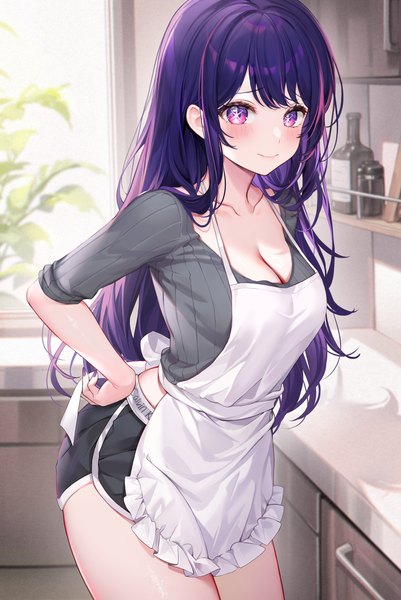 Anime-Bild 2674x4000 mit oshi no ko calvin klein hoshino ai (oshi no ko) machi (7769) single long hair tall image looking at viewer blush fringe highres breasts open mouth smile large breasts standing purple eyes signed cleavage purple hair