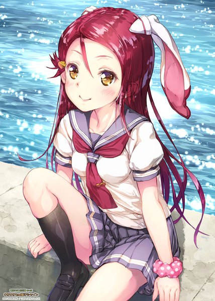 Anime picture 1000x1400 with love live! sunshine!! sunrise (studio) love live! sakurauchi riko ek masato single long hair tall image looking at viewer blush breasts smile sitting brown eyes animal ears bent knee (knees) outdoors red hair pleated skirt lips