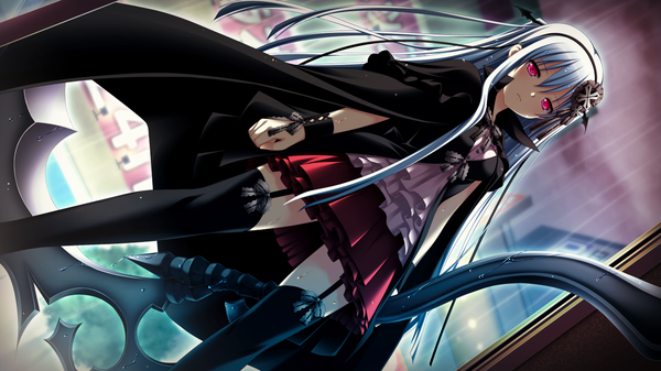 Anime picture 1280x720 with shinigami no testament vivi alhazerd single long hair looking at viewer red eyes wide image game cg silver hair rain bat wings girl thighhighs dress hair ornament bow weapon black thighhighs