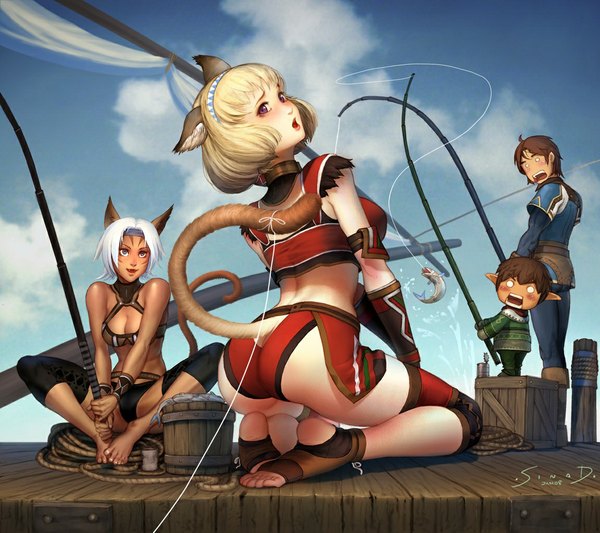 Anime picture 1151x1024 with final fantasy square enix sinad aruatjanapat short hair light erotic blonde hair brown hair multiple girls animal ears silver hair tail barefoot from behind cat tail group chibi o o fishing girl boy