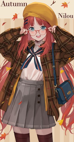 Anime picture 1976x3747 with genshin impact nilou (genshin impact) m2 (guvn5745) single long hair tall image looking at viewer highres open mouth blue eyes standing twintails red hair long sleeves :d pleated skirt open jacket teeth alternate costume zettai ryouiki