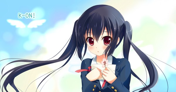 Anime picture 1200x629 with k-on! kyoto animation nakano azusa ameto yuki long hair black hair red eyes wide image twintails tears girl flower (flowers) letter