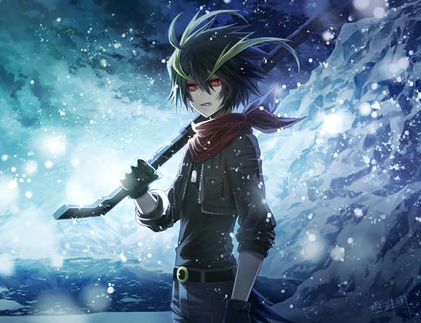 Anime picture 1040x800 with haiiro teien angel31424 single fringe short hair red eyes standing holding signed looking away sky cloud (clouds) green hair inscription teeth angry clenched teeth rock boy gloves