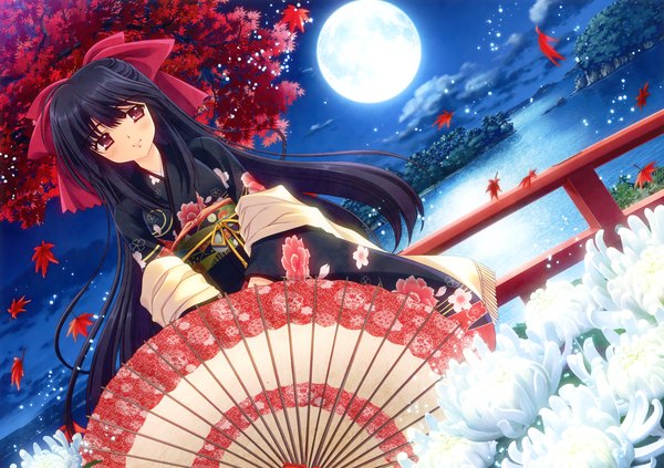Anime picture 4599x3244 with original eshi 100-nin ten nishimata aoi single long hair highres black hair red eyes absurdres traditional clothes japanese clothes night girl flower (flowers) bow plant (plants) hair bow petals tree (trees) kimono