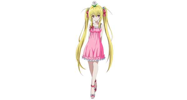 Anime picture 5920x3184 with toloveru toloveru darkness xebec konjiki no yami tagme (artist) single long hair looking at viewer highres blonde hair wide image twintails bare shoulders brown eyes absurdres barefoot crossed legs hands behind back transparent background girl