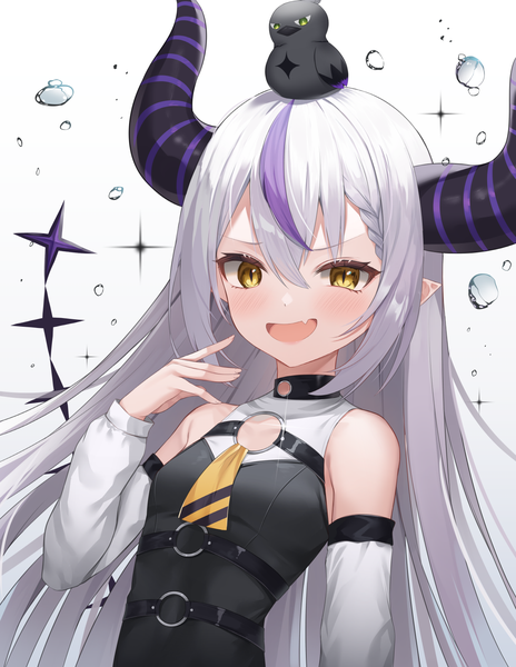 Anime picture 1200x1552 with virtual youtuber hololive la+ darknesss la+ darknesss (1st costume) crow (la+ darknesss) shuvi (shuvi1125) single long hair tall image looking at viewer fringe open mouth hair between eyes yellow eyes silver hair upper body :d multicolored hair horn (horns) pointy ears