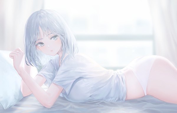 Anime picture 2333x1495 with original pigone single looking at viewer blush fringe highres short hair light erotic silver hair ass indoors lying turning head on stomach silver eyes girl underwear panties window