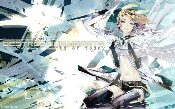 Anime picture 1920x1200 with vocaloid kagamine rin redjuice single highres short hair blue eyes blonde hair wide image sitting bare belly midriff wallpaper girl thighhighs navel bow black thighhighs hair bow shorts