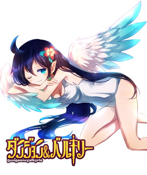 Anime picture 1080x1280 with dungeon & valkyrie alt (apou) single long hair tall image looking at viewer blush blue eyes light erotic black hair ahoge one eye closed hair flower pointy ears wink girl hair ornament flower (flowers) swimsuit wings