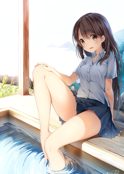 Anime picture 1488x2088 with original nyum single long hair tall image looking at viewer blush open mouth brown hair sitting brown eyes signed bent knee (knees) sunlight shadow twitter username lens flare arm behind back hand on knee soaking feet