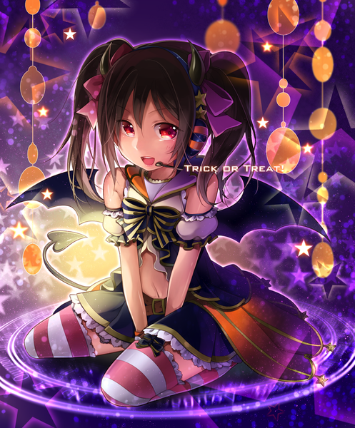 Anime picture 829x1000 with love live! school idol project sunrise (studio) love live! yazawa nico yukinokoe single long hair tall image open mouth black hair red eyes twintails horn (horns) halloween trick or treat girl thighhighs dress bow hair bow