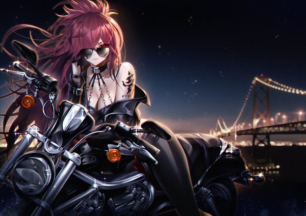 Anime picture 4093x2894 with elsword elesis (elsword) been single long hair looking at viewer fringe highres breasts light erotic red eyes large breasts sitting absurdres cleavage outdoors red hair long sleeves light smile wind